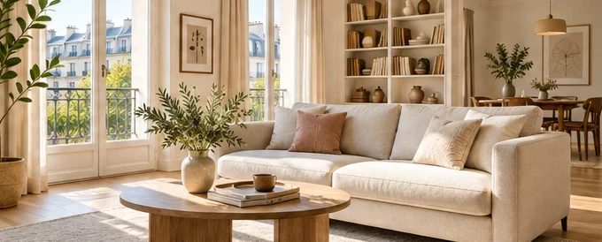 Salon lumineux d’un appartement avec canapé et grandes fenêtres, pour la gestion locative