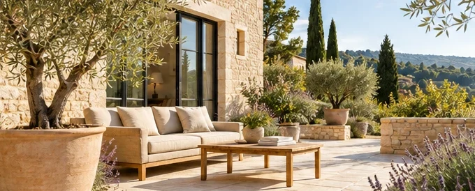 Terrasse d’une maison provençale en pierre avec salon de jardin, oliviers et lavande